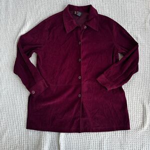 R&K Originals Burgundy Faux Suede Button Up Shirt Jacket L Soft Preppy Chic